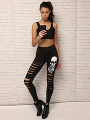 Skull Print Ripped High Waist Leggings