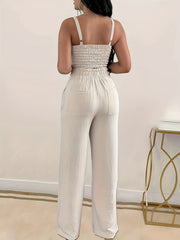 Solid Two piece Set V neck Shirred Crop Cami Top & Tie Waist Pants