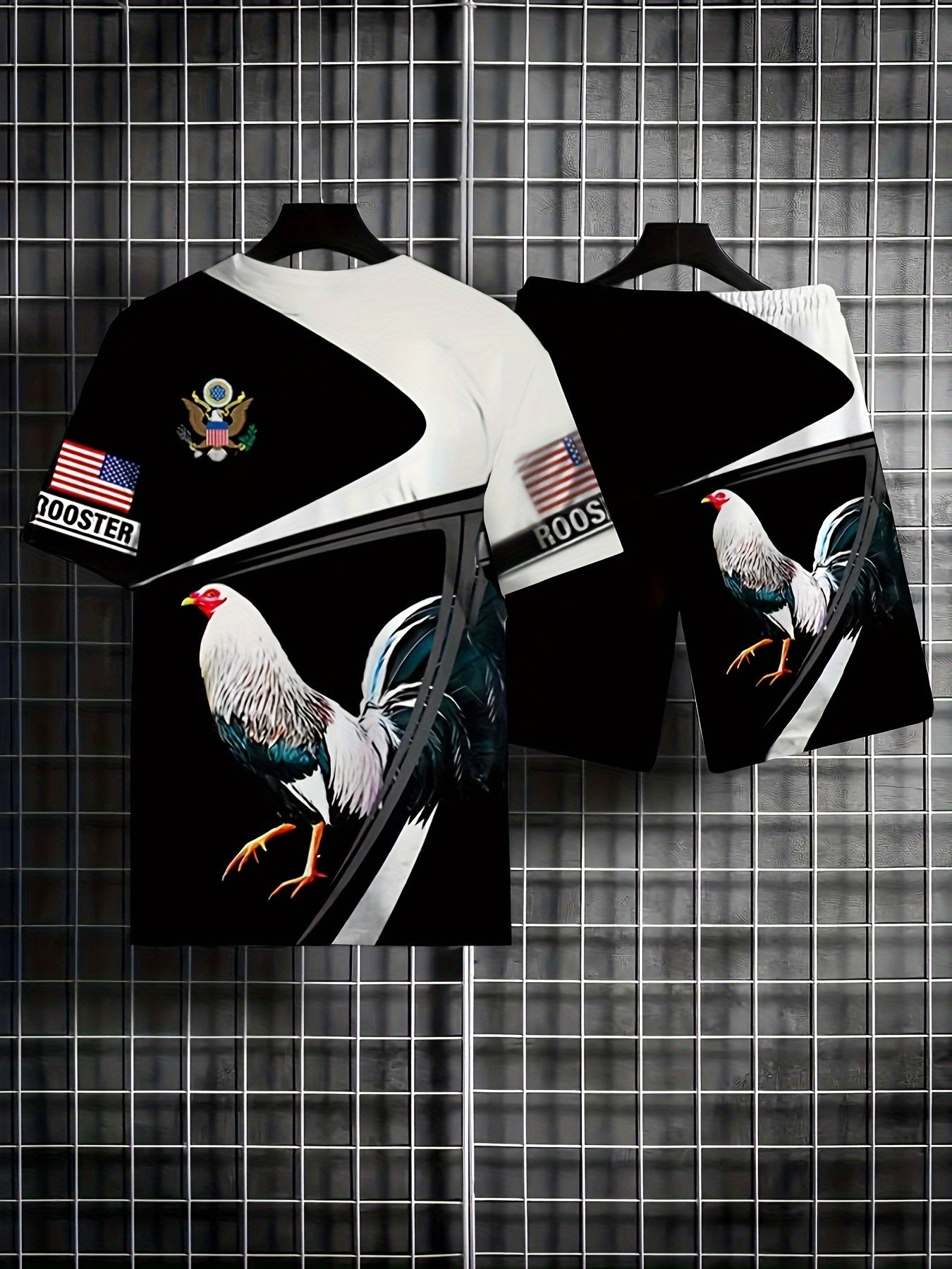 Rooster Pattern Mens 2 Piece Outfits T-shirt & Shorts Set For Summer