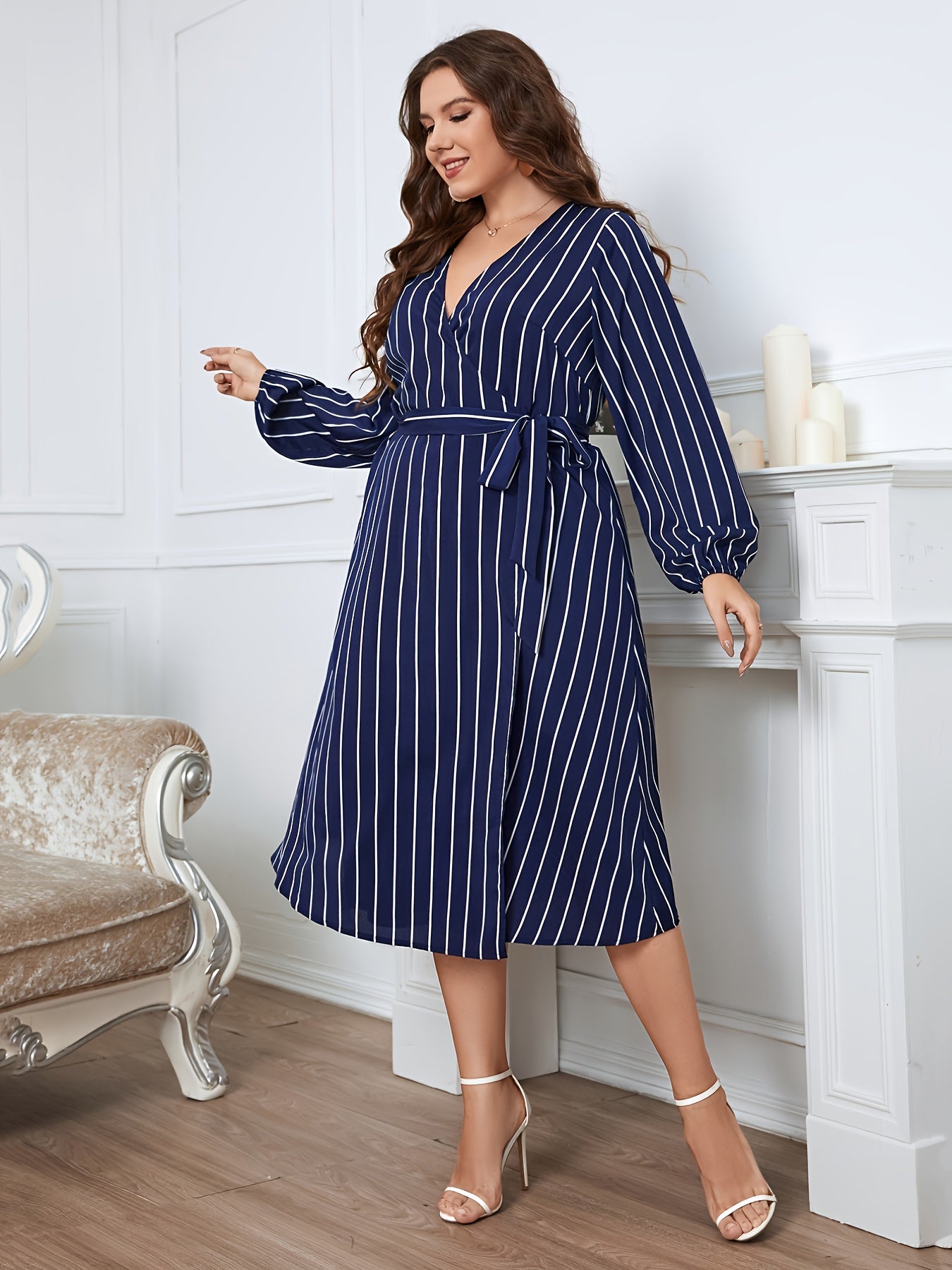 Deep V Neck Striped Midi Wrap Dress with Belt Women's Plus Size