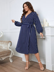Deep V Neck Striped Midi Wrap Dress with Belt Women's Plus Size