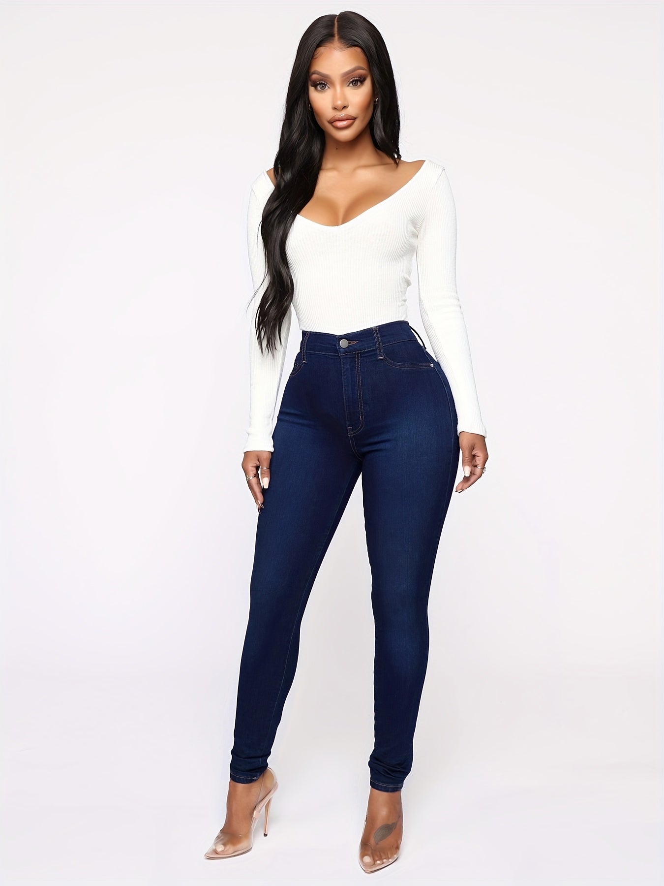 Women's High Waist Skinny Leg Jeans Solid Denim Pants
