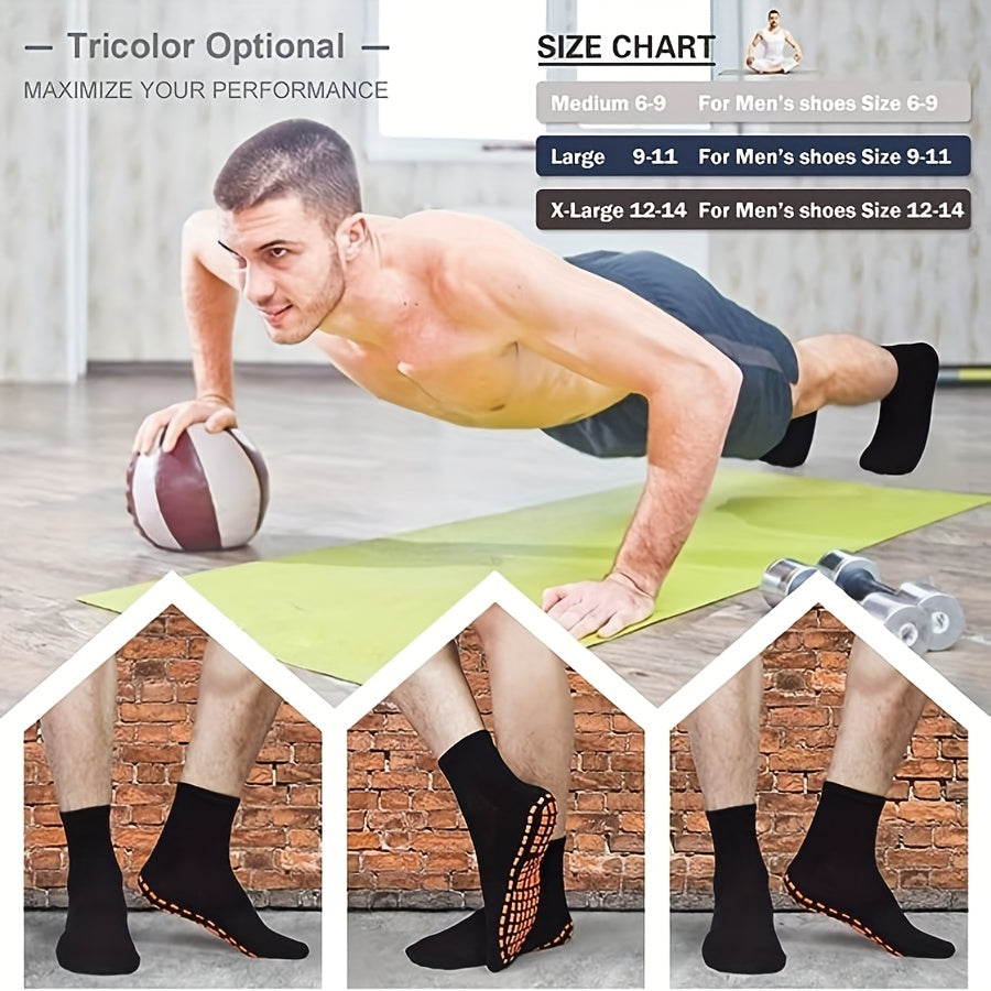 3 Pairs Men's Casual Non-Slip Yoga Socks, Warm Mid-Calf Cotton