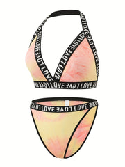Tie Dye Letter Tape Bra & Panty Lingerie Set