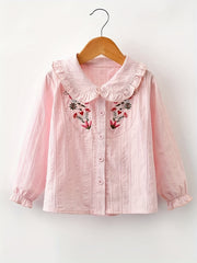 Girls Button Long Sleeve Embroidered Shirt Tops
