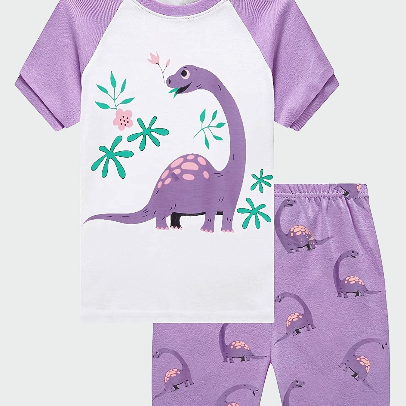 Girls Dinosaur Pajama Set Short Sleeve Tee & Shorts Sleepwear