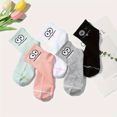 5 Pairs Cartoon Eyes Print Socks Crew Stockings Women's Hosiery