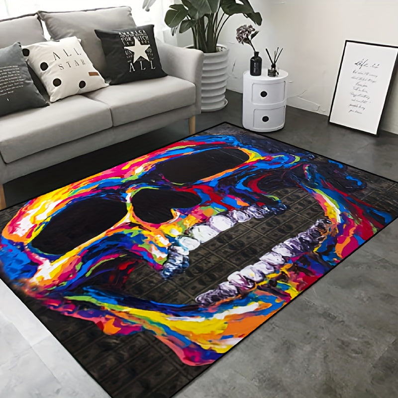 Colored Skeleton Head Area Rug Halloween Theme Floor Carpet Non Slip
