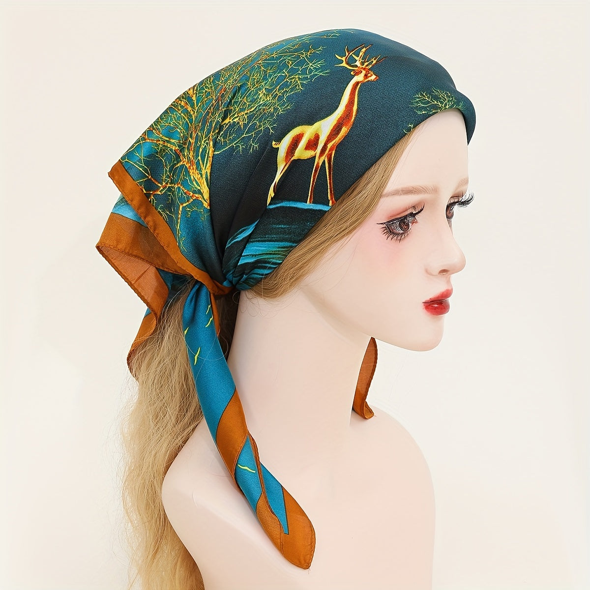 Deer Print Bandana Green Shawl Satin Square Scarf Classic Neckerchief Head Wrap