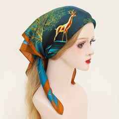 Deer Print Bandana Green Shawl Satin Square Scarf Classic Neckerchief Head Wrap