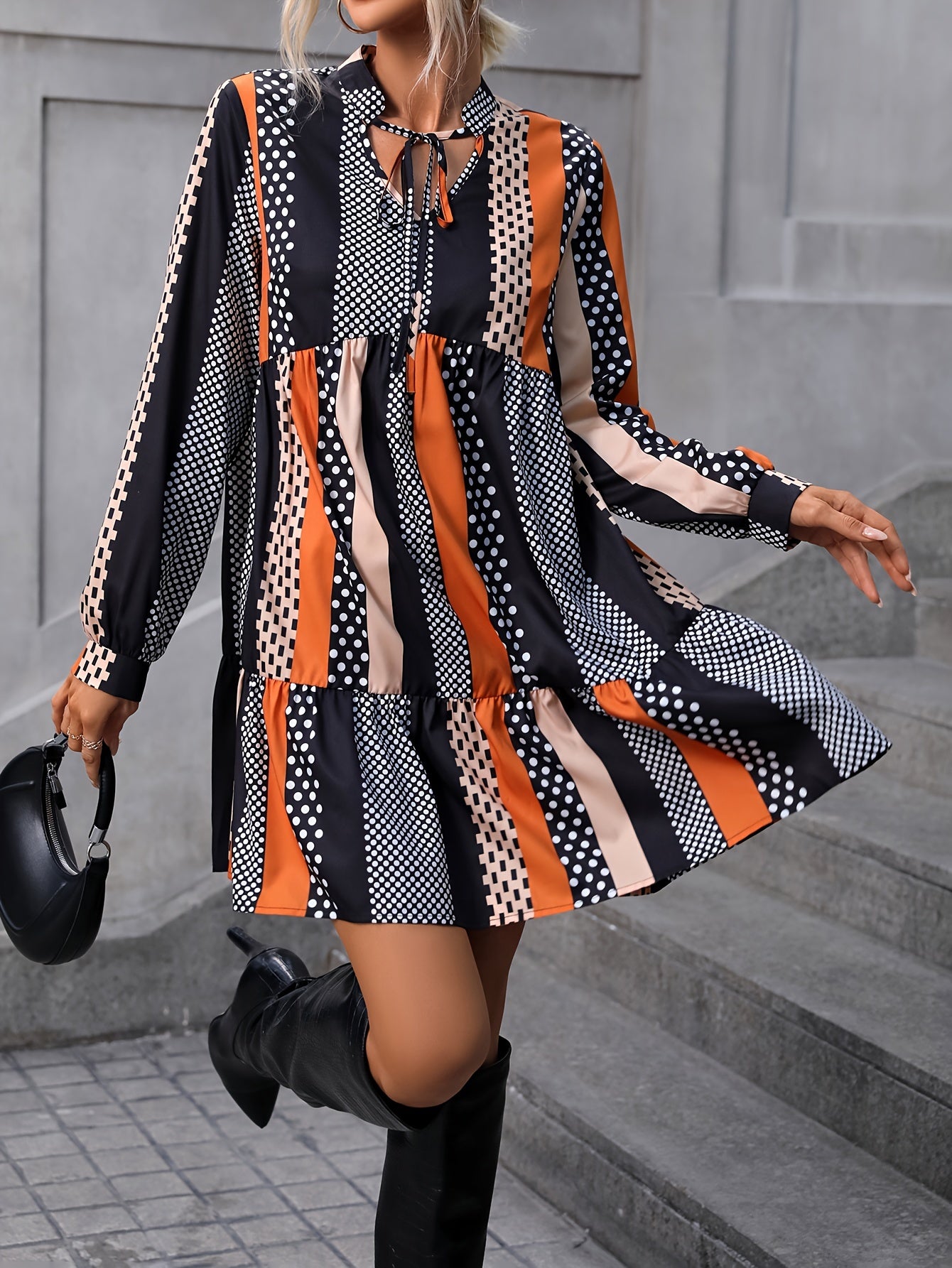 Colorblock Dot Print Lantern Sleeve Mini Smock Dress