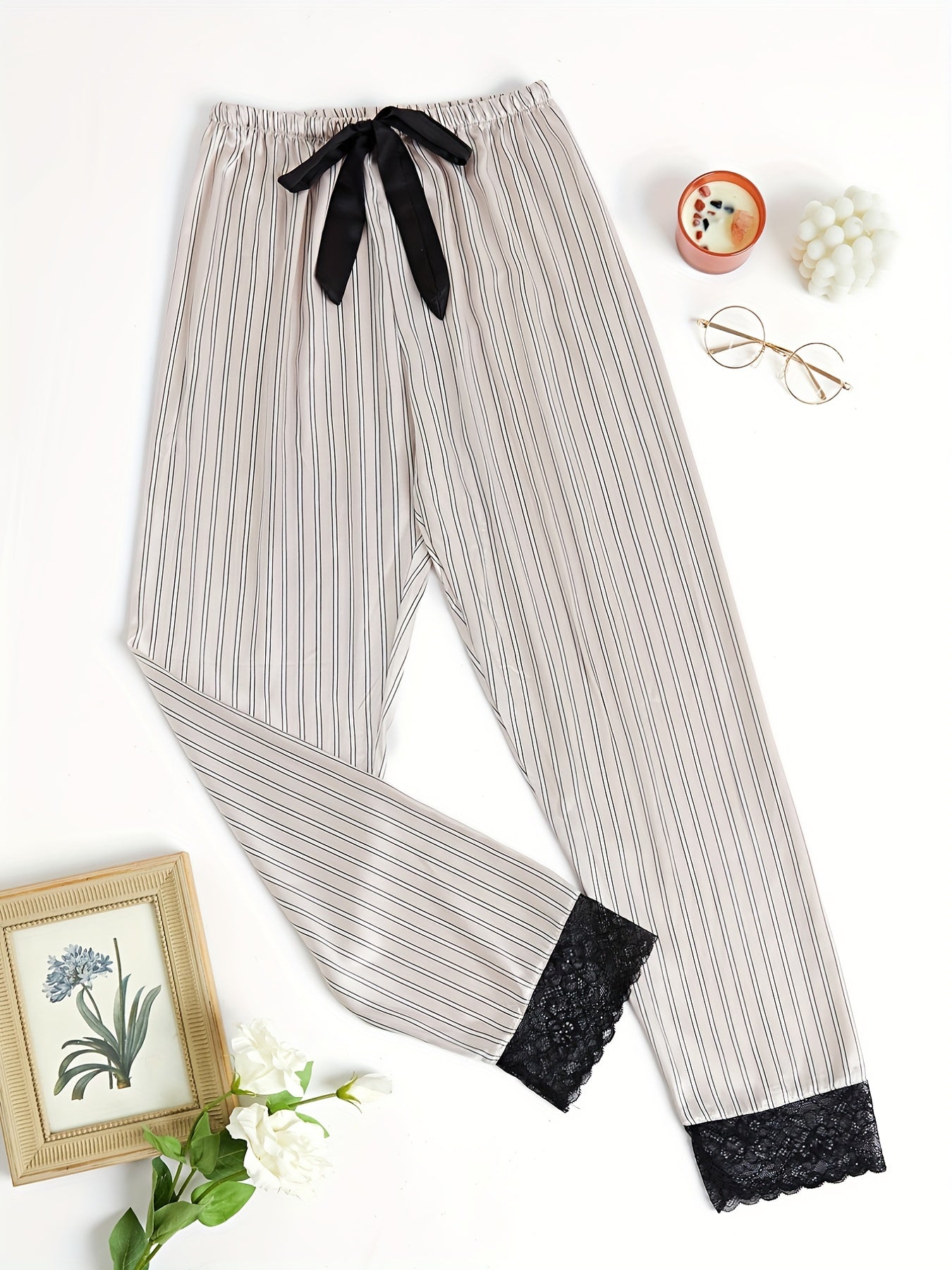 Striped Lace Trim Sleep Bottoms Casual & Comfy Bow Decor Sleep Pants