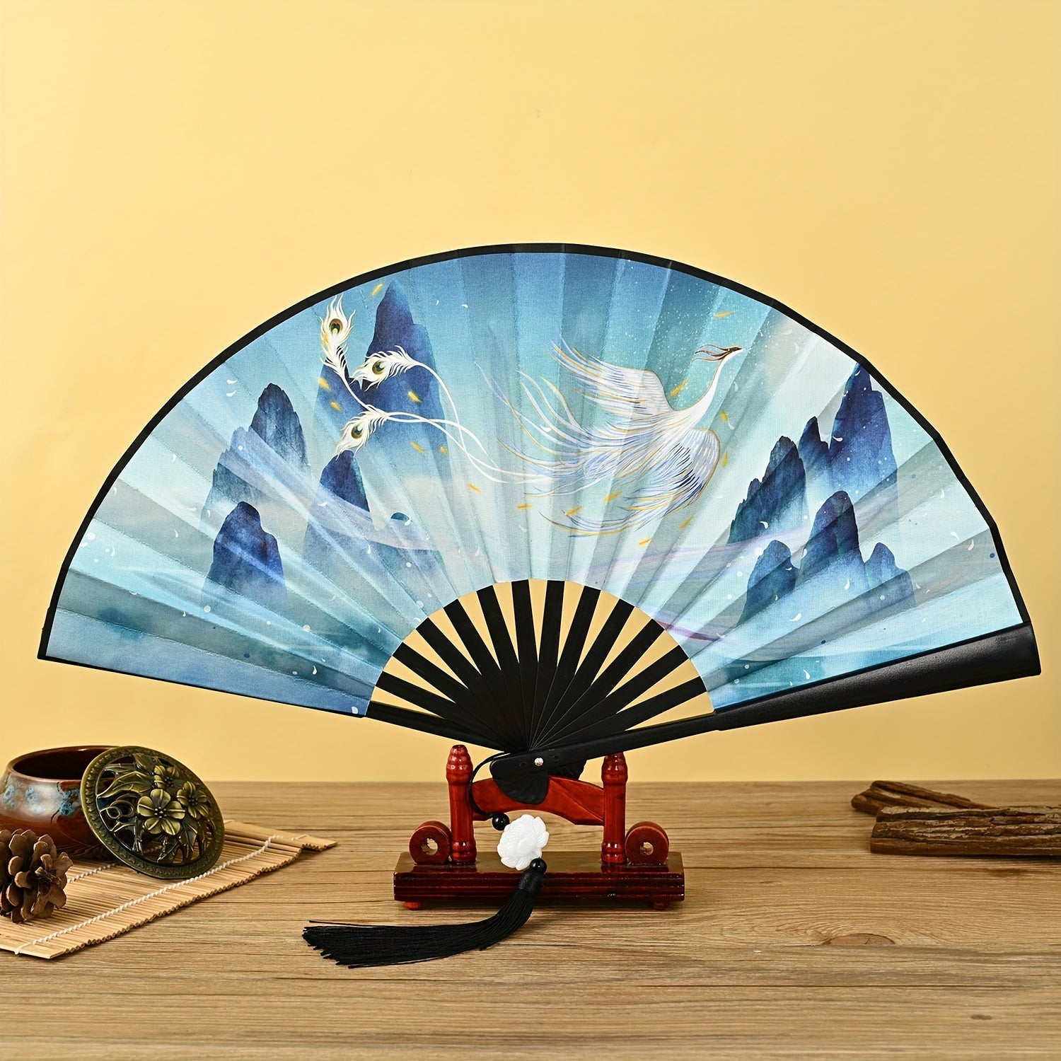 Chinese Style Double Sided Silky Tassel Folding Fan
