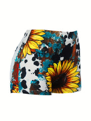 Women's Plus Sunflower & Art Letter Print Tie Dye Elastic High Rise Shorts