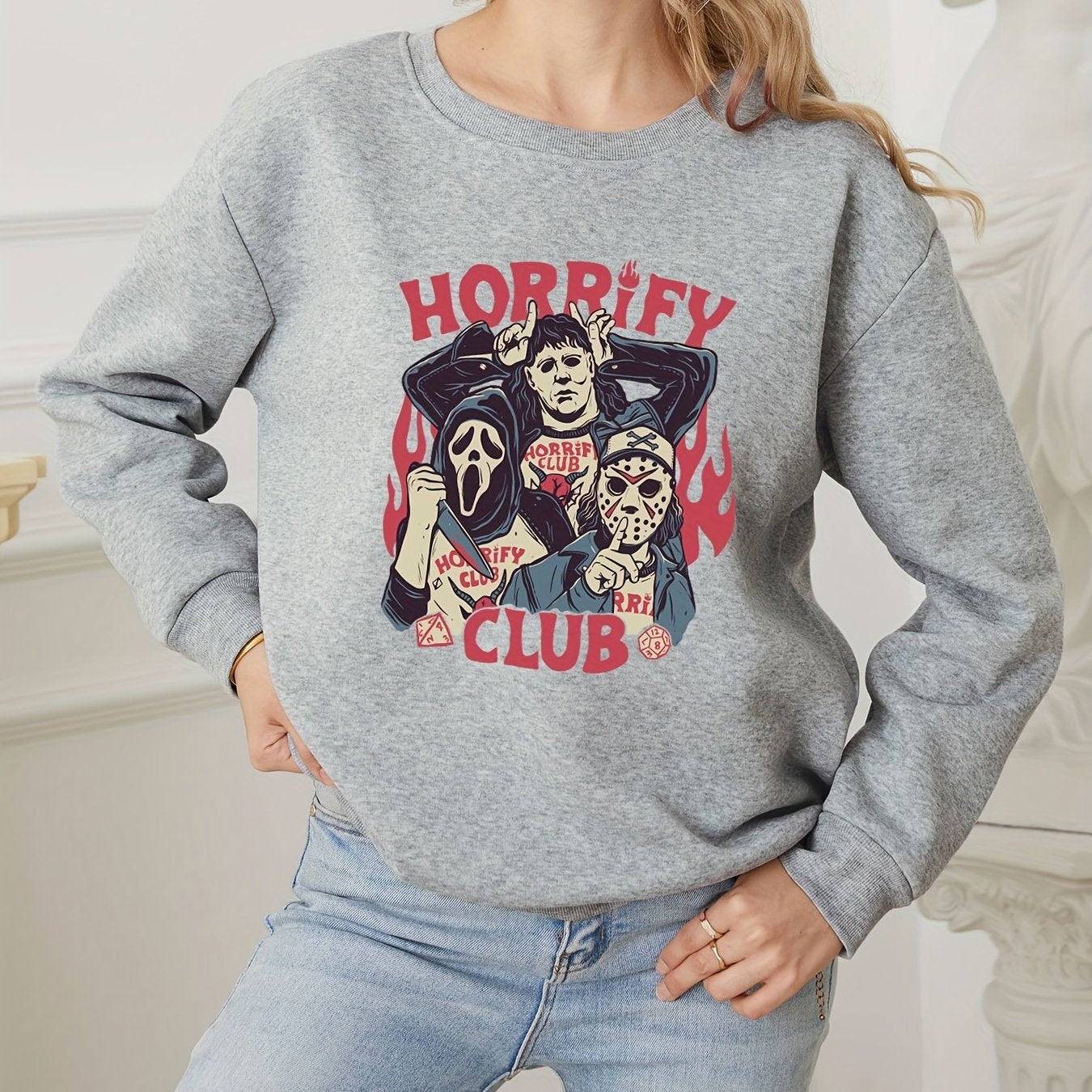 Horrify Club Print Sweatshirt Long Sleeve Women's Casual Crew Neck