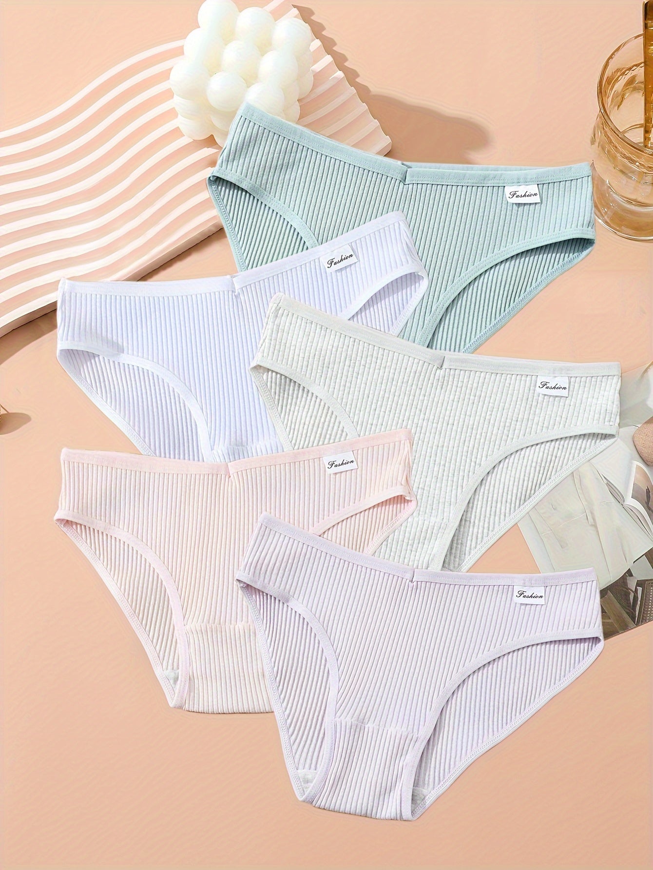 5pcs Solid Ribbed Briefs Comfy Panties Women's Lingerie