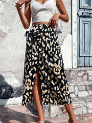 Leopard Print Tie Front Slit Skirt for Women