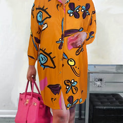 Abstract Face Print Long Sleeve Shirt Dress