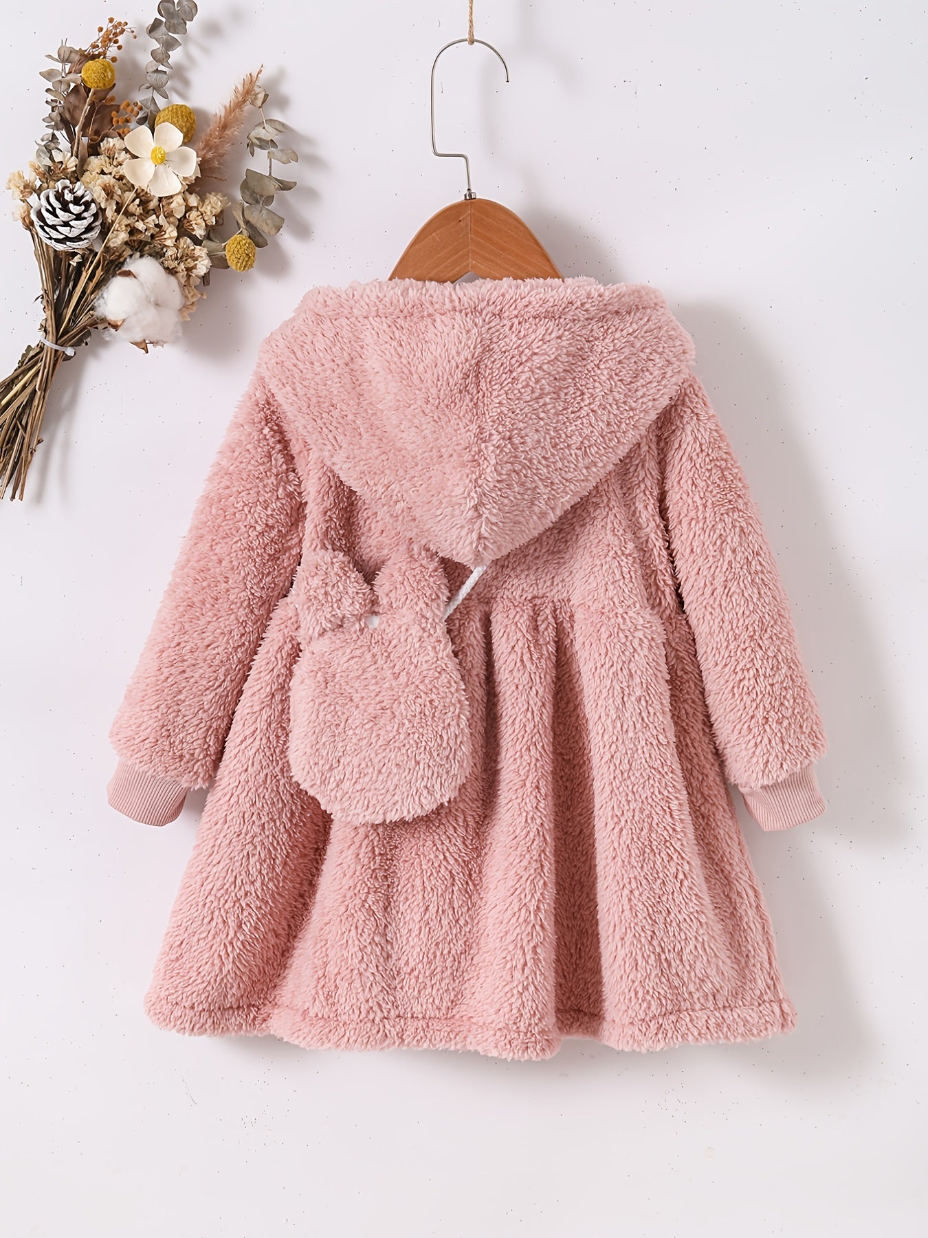 Toddler Baby Girls Furry Hooded Dress & Bag 2pcs Set