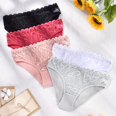 5pcs Floral Lace Ribbed Panties Comfy & Breathable Intimates Panties