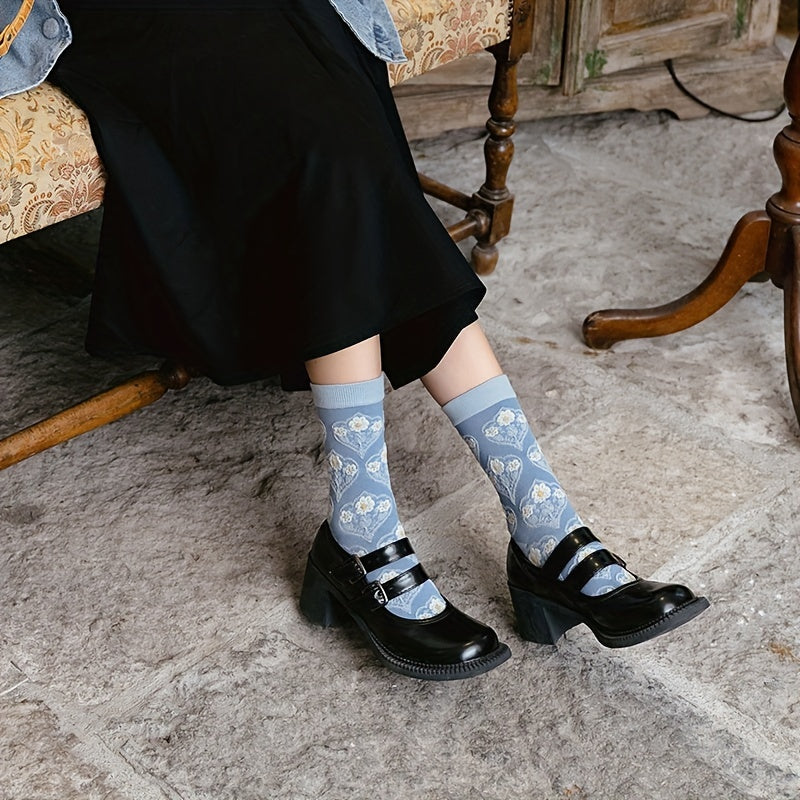 5 Pairs Floral Print Crew Socks - Comfy & Breathable Stockings