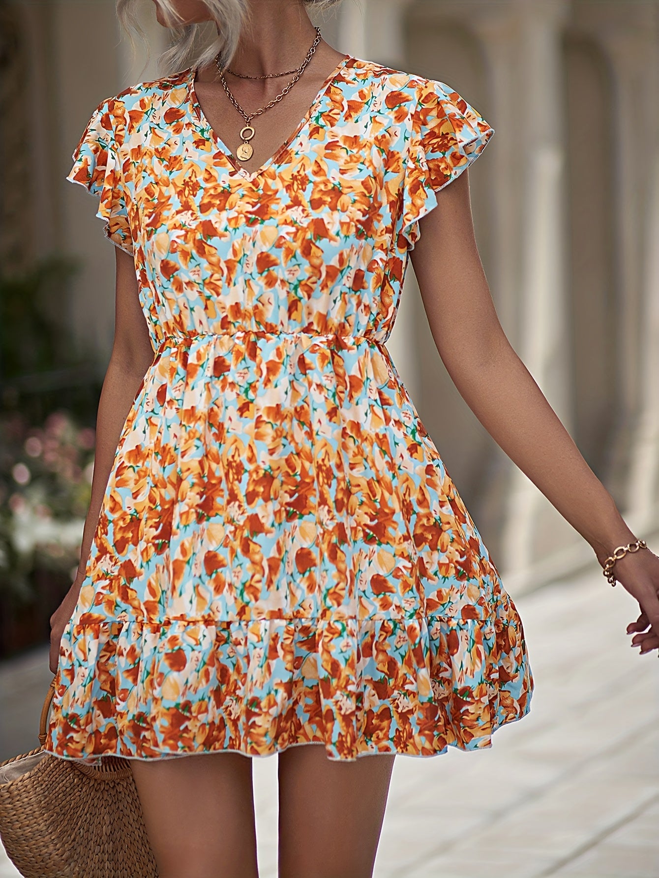 Floral Print Dress Ruffle Trim V Neck Casual Dress