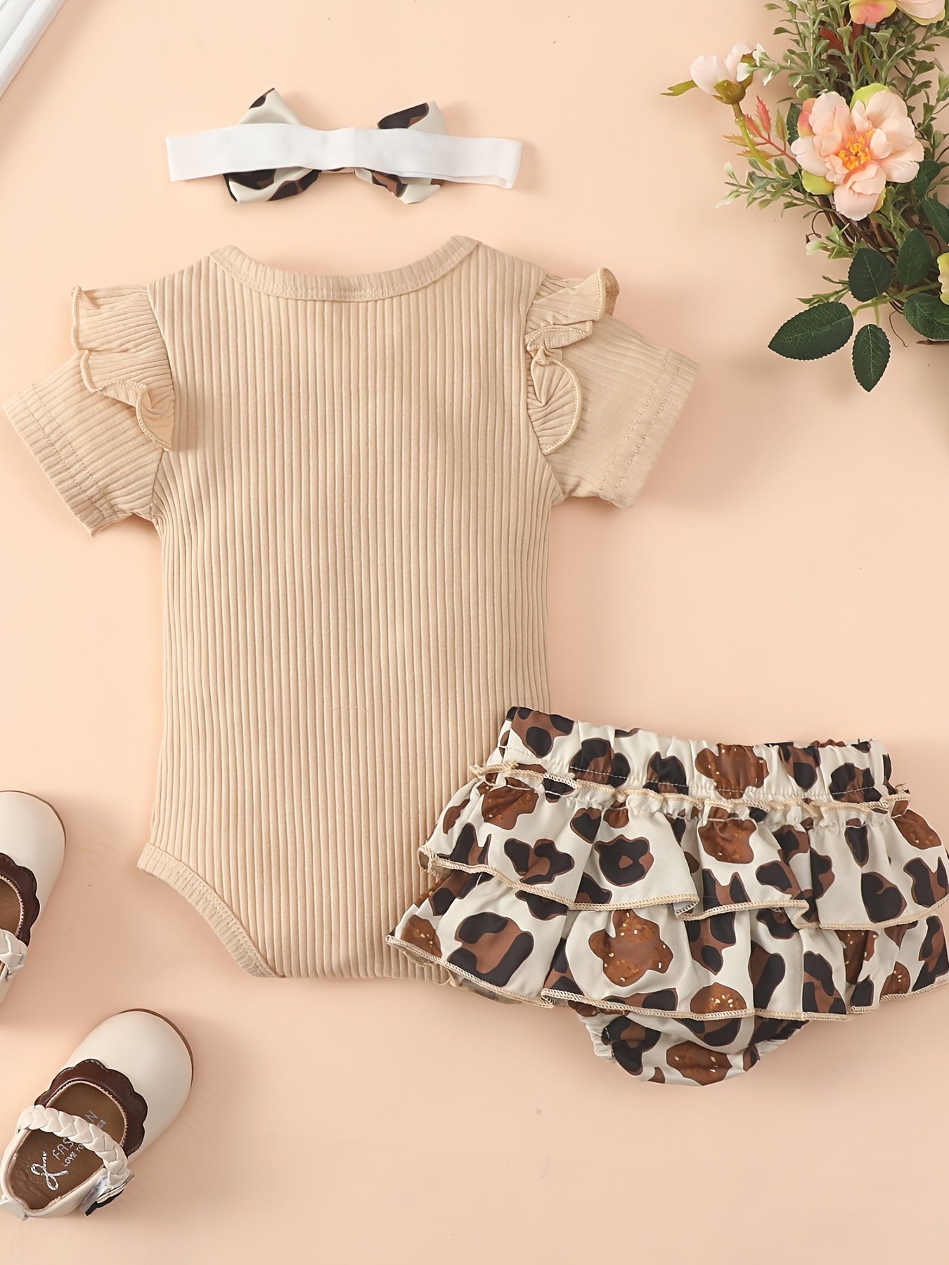 Baby Girls Casual Romper & Leopard Shorts Set