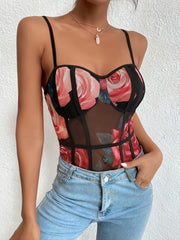 Sexy Floral Print Mesh Bodysuit Sheer Stretchy Bodysuit