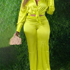 Women's Plus Solid Long Sleeve Shirt & Wide Leg Pants 2 Piece Set