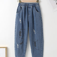 Boy's Striped Denim Pants with Graphic Print