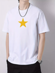 Men's Yellow Star Pattern Crew Neck Cotton T-shirt