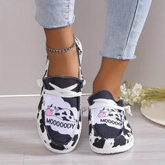 Women's Cow Pattern Canvas Shoes Casual Lace Up Outdoor Sneakers