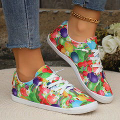 Colorful Print Flat Skate Shoes Lace Up Non Slip Walking Shoes