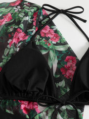 Bikini Set Women's Floral Print Cover Up & Halter Bra Panty Swimsuit