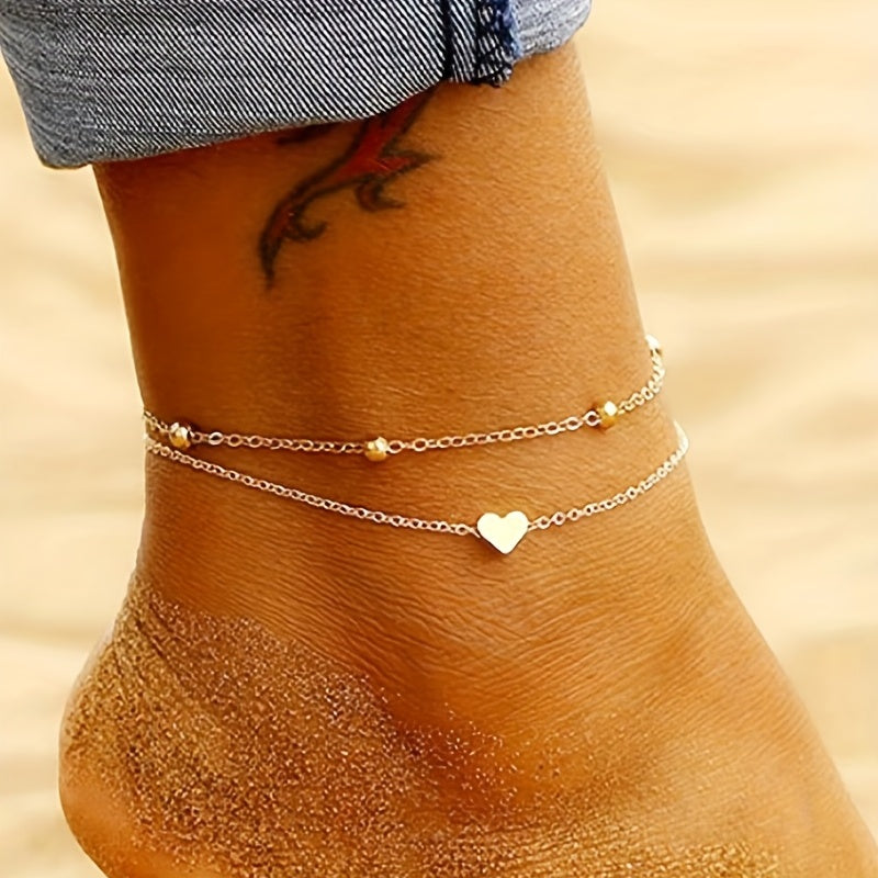Double Layer Alloy Anklet Heart Decor Fashion Jewelry for Women Girls