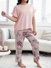 Pajama Set Short Sleeve Tee & Floral Print Pants Two Piece