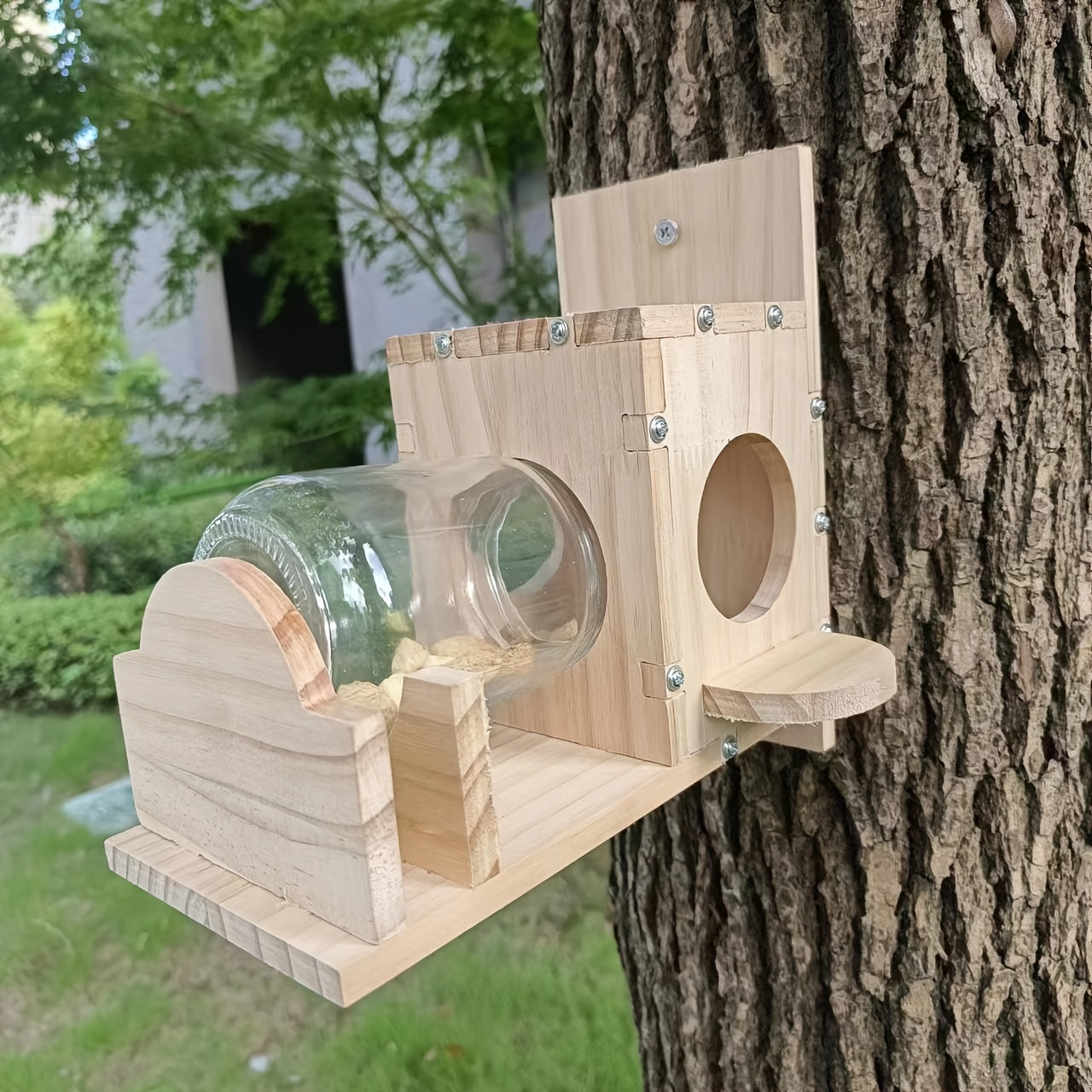 Outdoor Squirrel Feeder with Glass Jar Rustic Squirrel Food Box