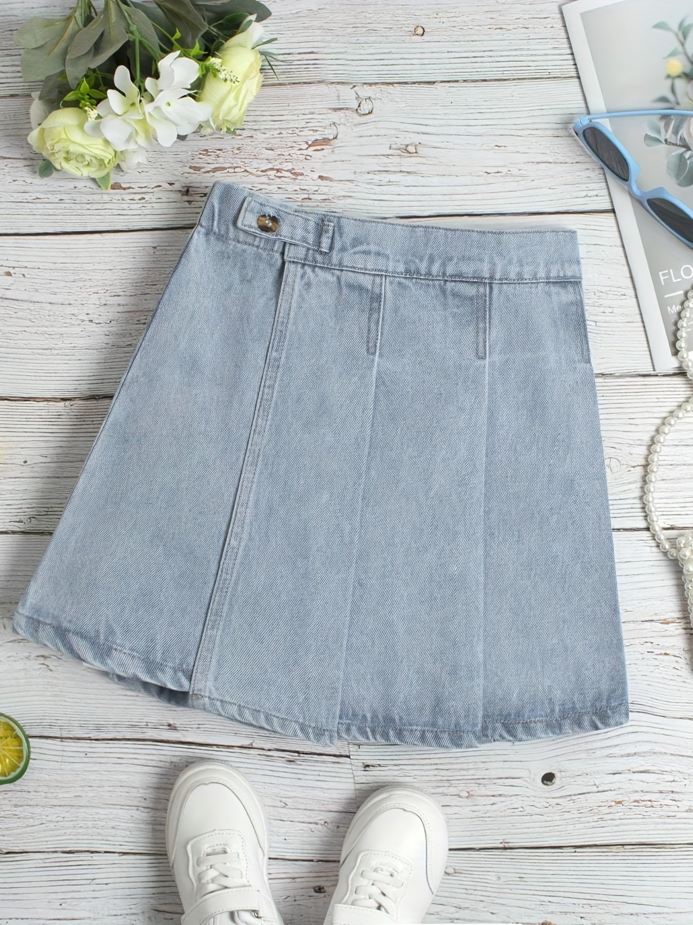 Girls Summer Denim Skirt with Button Decor
