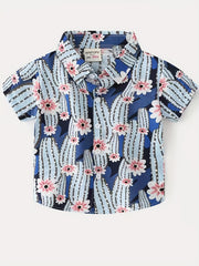 Cactus Flower Graphic Print Boys Creative Top Short Sleeve Lapel Shirt