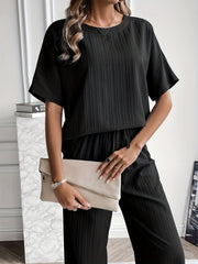 Casual Two piece Set Crew Neck Short Sleeve Tops & Drawstring Wide Leg Pants