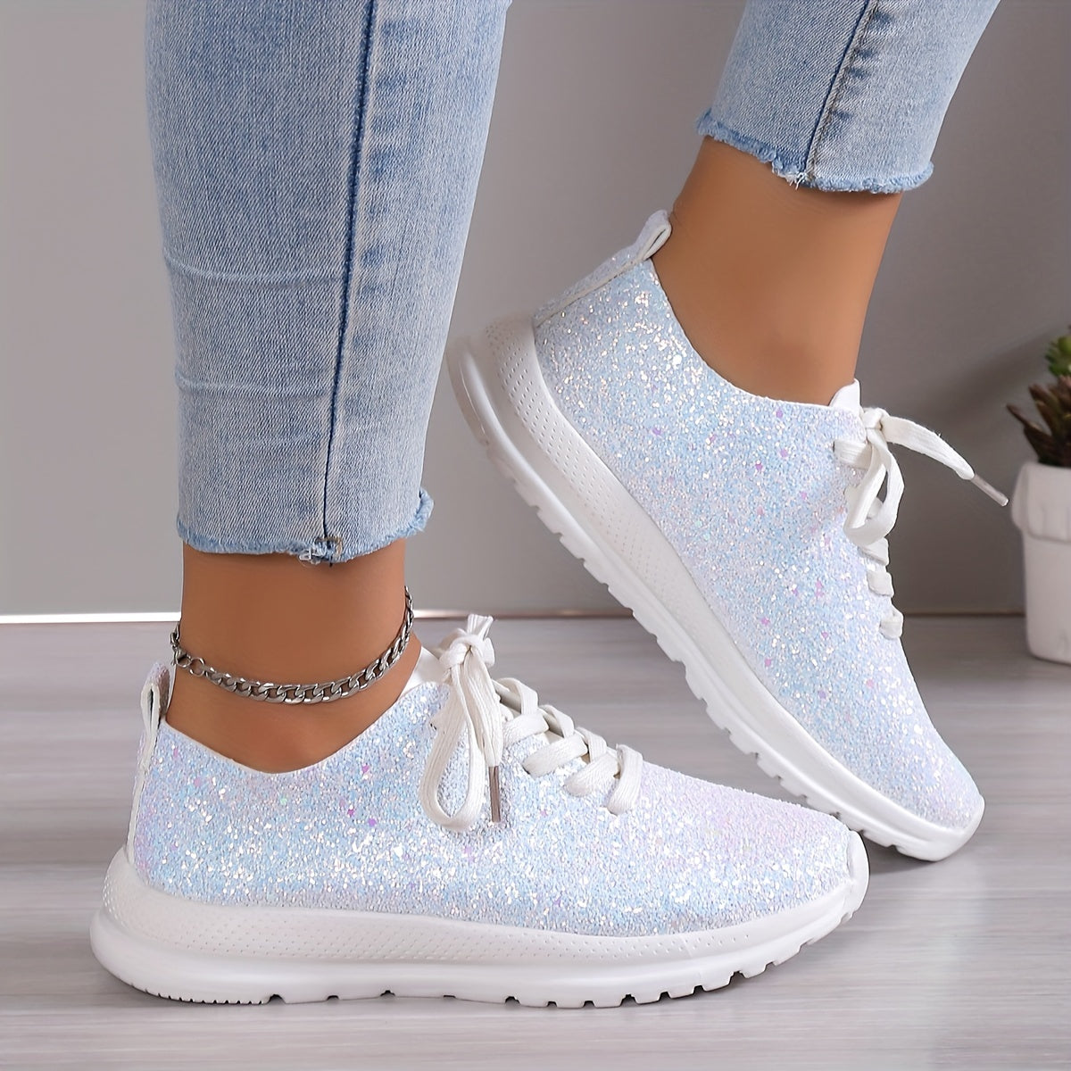 Women's Glitter Sequins Sneakers Lace Up Outdoor Shoes