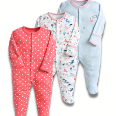 3pcs Baby Girl's Cotton Footed Rompers Pajamas Set With Dinosaur Print