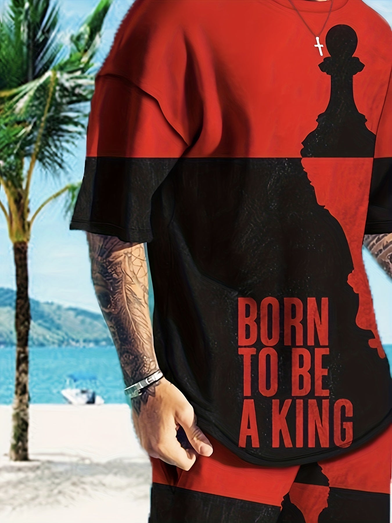 Men's King Print T shirt & Breathable Shorts Set For Outdoor