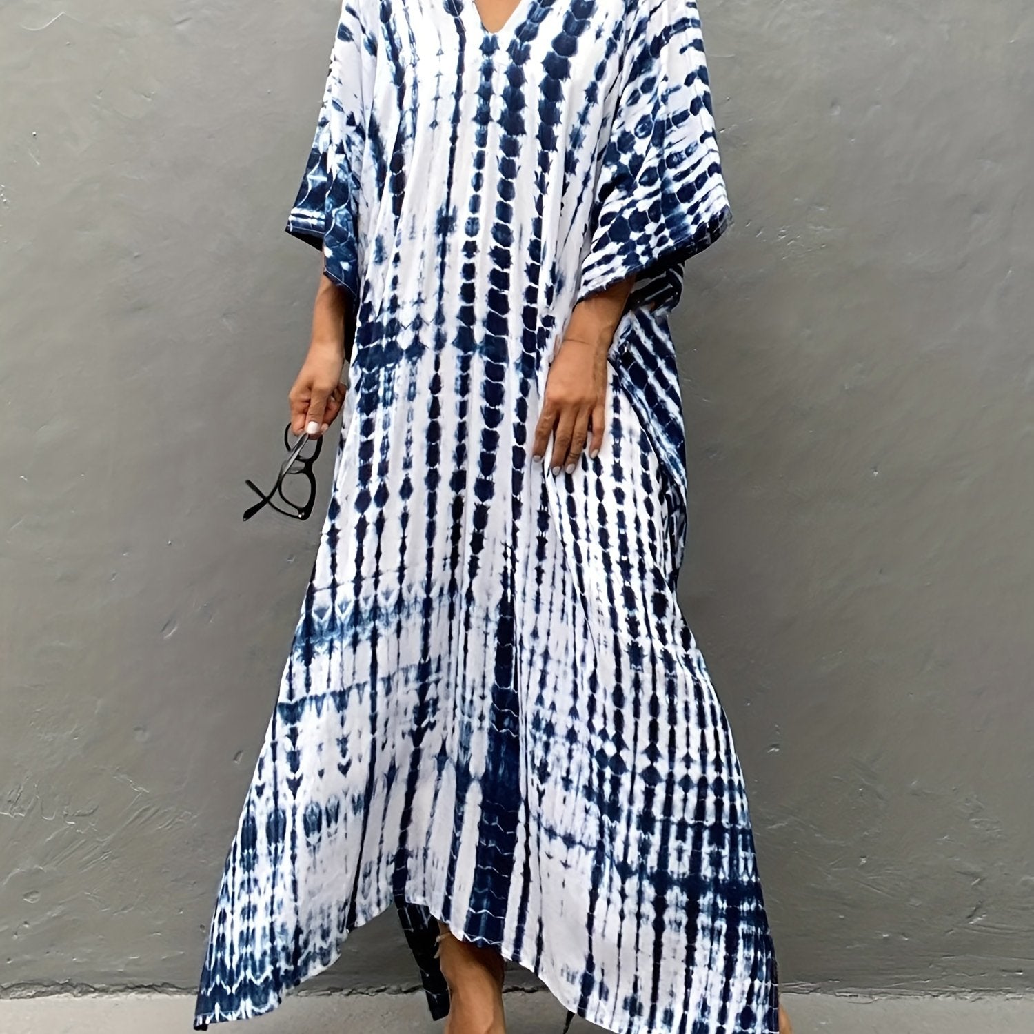 Boho Cover Up Tie Dye Striped Batwing Sleeve V Neck Dress