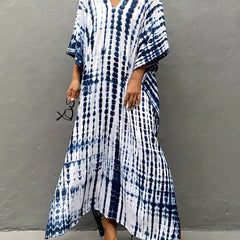 Boho Cover Up Tie Dye Striped Batwing Sleeve V Neck Dress