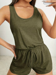 Casual Drawstring Waist Romper Sleeveless Crew Neck
