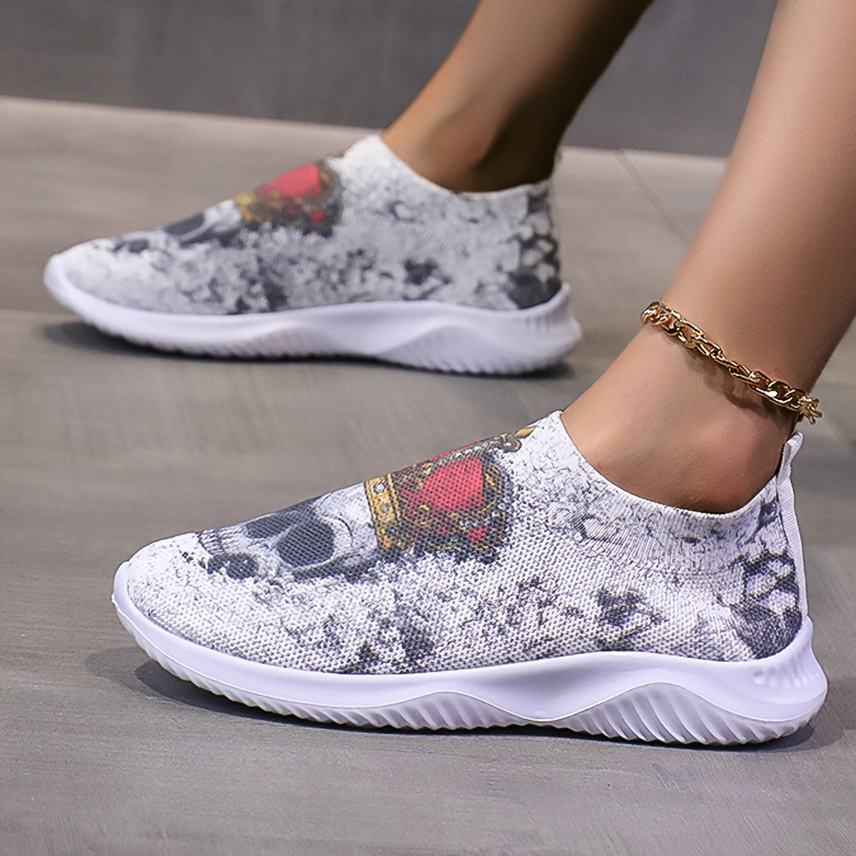 Skull Print Platform Sneakers Slip On Outdoor Shoes