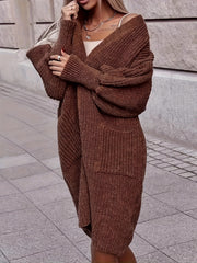 Solid Lantern Sleeve Open Front Cardigan With Pockets