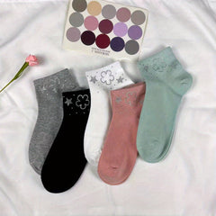 5-Pair Floral Rhinestone Crew Socks - Breathable Stockings & Hosiery