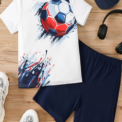 Boys Football Graphic Casual Outfit T-shirt & Shorts For Summer Kids